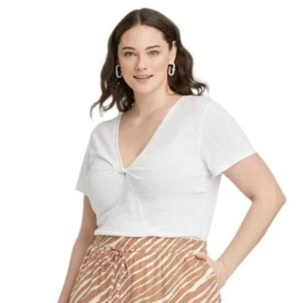 A New Day Women's XXL White Linen Blend Twisted V-Neck Short Sleeve Shirt